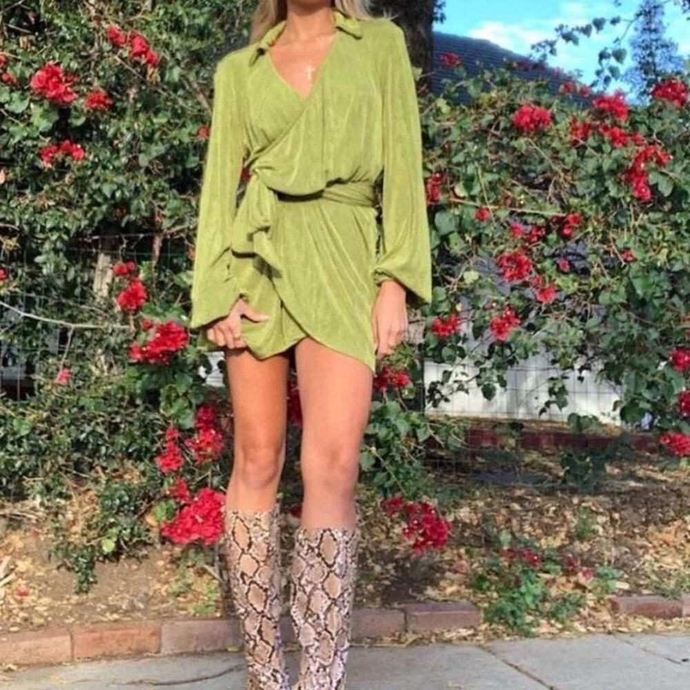 Princess Polly lime green wrap mini dress eclectic chartreuse green clean girl